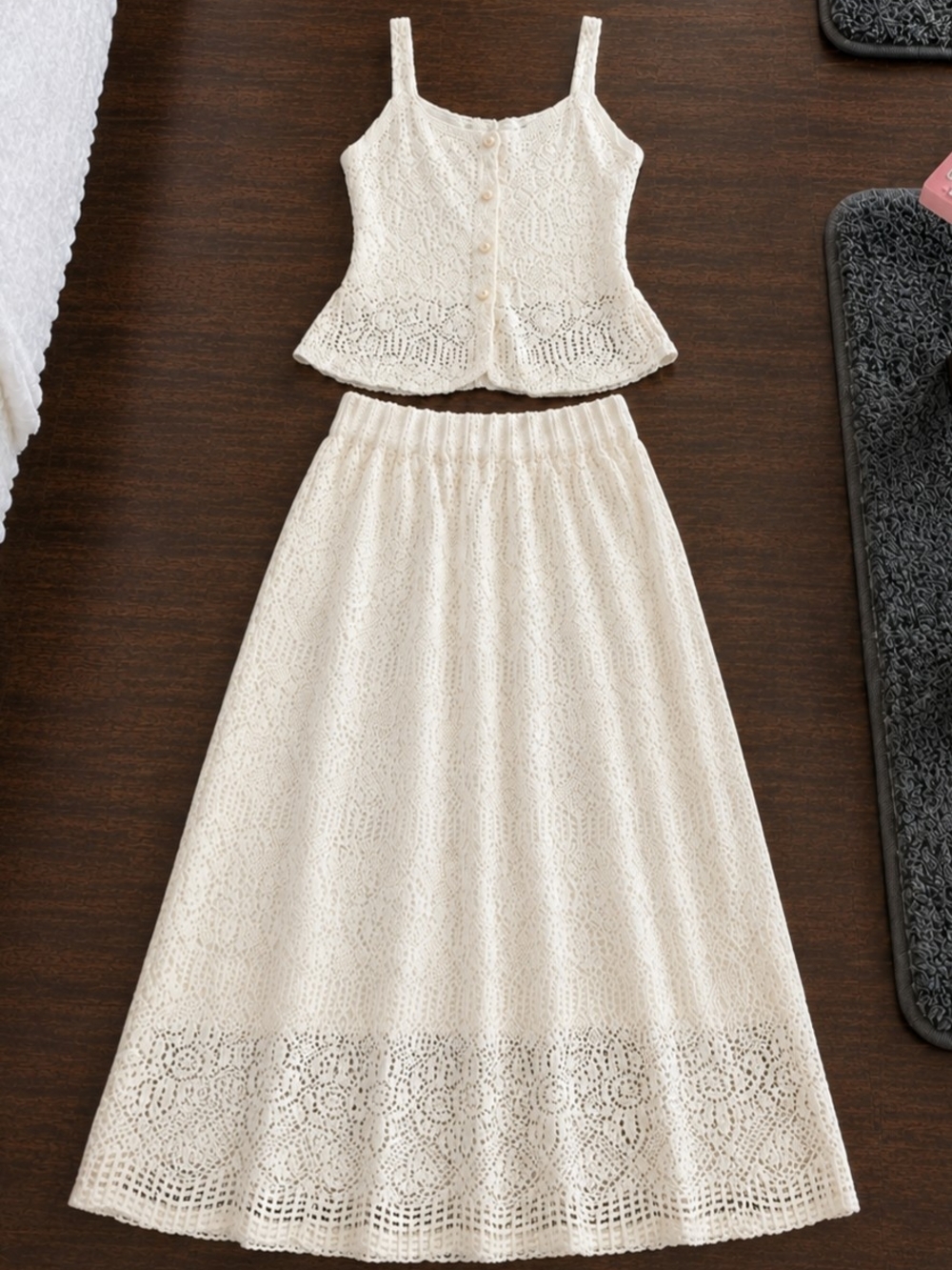 Elegant Cream Crochet Maxi Dress Set with Lace Detailing